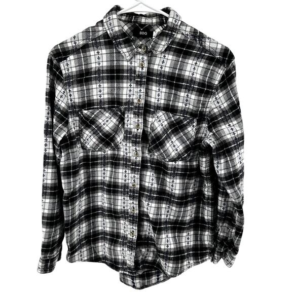 Urban Outfitters BDG Flannel Button Down Shirt Plaid Pocket Black White S - Picture 1 of 5